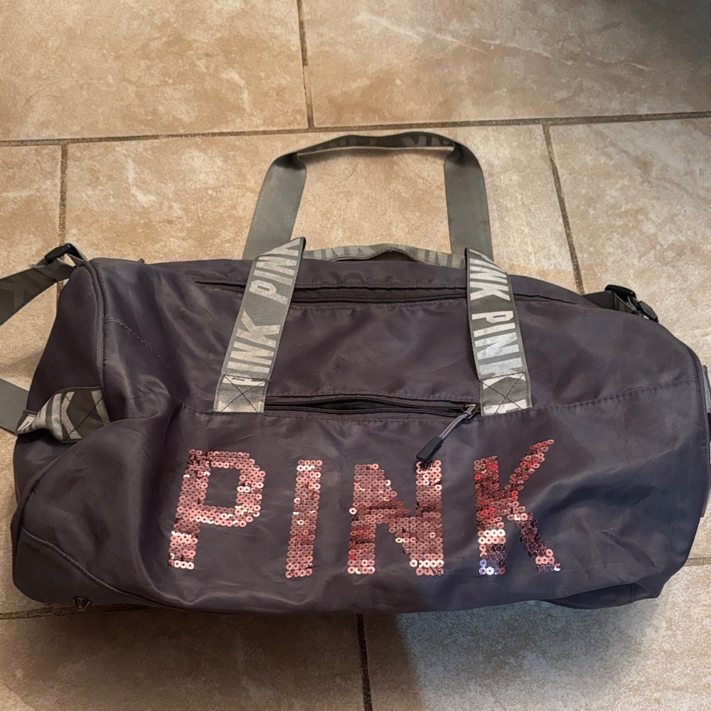 PINK Victoria's Secret Gray and Pink Sequin Duffle Bag
